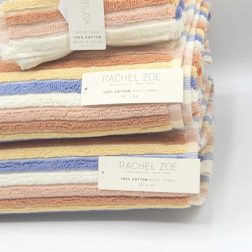 Rachel Zoe 4pc Cotton Bath Hand Towel Set Earthy Neutral Color Stripe Boho Fall